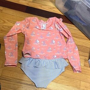 Ruffle Butts Pink Sailboat Rashguard Set